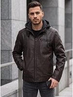 Pánská kožená zateplená bunda s kapucí, hnědá, FashionStreet TX5148 Pánská kožená zateplená bunda s kapucí, hnědá, FashionStreet TX5148