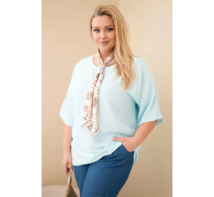 Dámská viskózová halenka Plus Size s krátkým rukávem a ozdobným šátkem mentolová