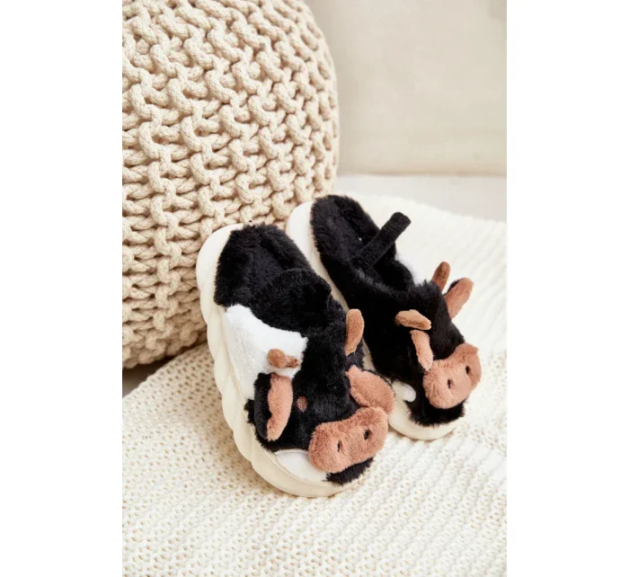 Dětské Chlupaté Pantofle S Motivem Krávy Černé Tamorrin