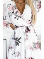 Bílé dámské midi šaty se vzorem výstřihem a páskem model 21729072 - numoco basic Bílé dámské midi šaty se vzorem výstřihem a páskem model 21729072 - numoco basic