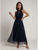 Elegantní maxi večerní šaty na ramínka s a zavazováním v pase tmavě modré model 22210933 - numoco basic