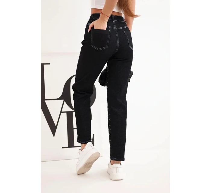 Dámské džíny s vysokým pasem a ozdobami černé