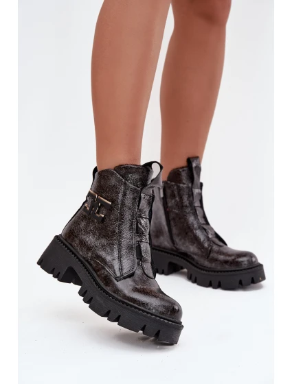 Kožené lakované dámské boty s ozdobou zateplené Artiker 57C2081 grafitové