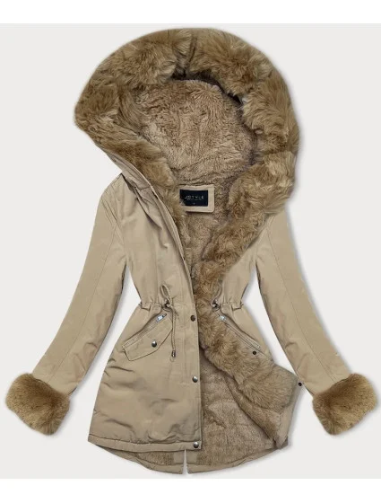 Světle béžová krátká zimní bunda parka s kožešinovou podšívkou model 21247285 - J.STYLE