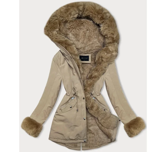 Světle béžová krátká zimní bunda parka s kožešinovou podšívkou model 21247285 - J.STYLE