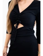 Žebrované šaty s vázaným výstřihem černé Žebrované šaty s vázaným výstřihem černé