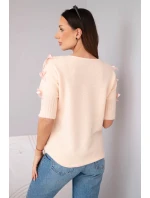 Dámský svetr s krátkým rukávem a ozdobnými mašličkami lososový