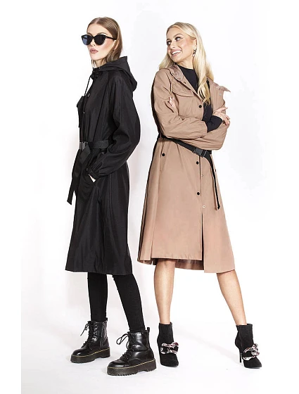 Dlouhý béžový kabát s páskem model 17032545 - Ann Gissy