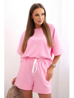 Dámská máslová souprava s halenkou s krátkým rukávem a šortkami s gumičkou světle růžová