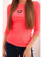 Dámská pruhovaná blůza s 3/4 rukávem a ozdobnou nášivkou růžový neon