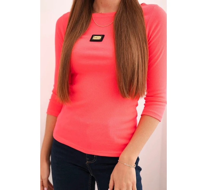 Dámská pruhovaná blůza s 3/4 rukávem a ozdobnou nášivkou růžový neon