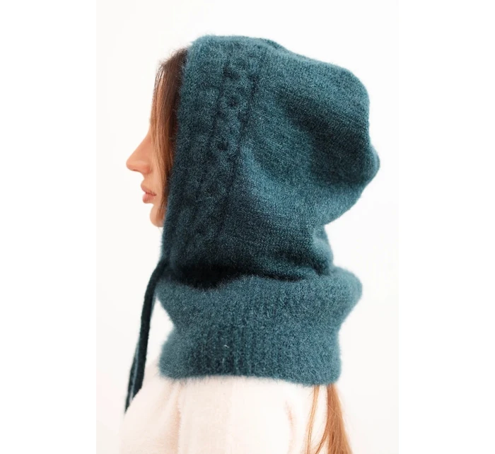 Dámská čepice s kapucí, šněrováním a copánkovým vzorem mořská