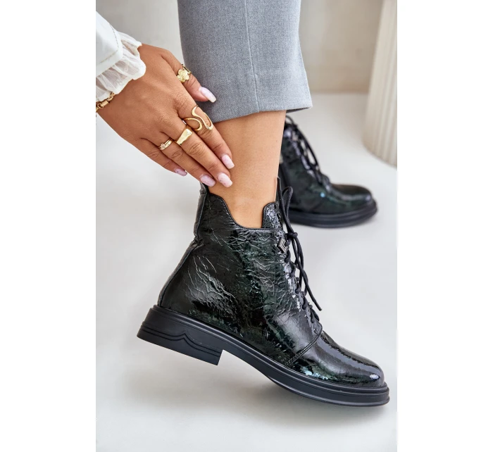 Kožené Lakované Boty Dámské Zateplené Na Zip D&A LZ42-042 Tmavozelené