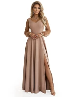 640-4 LORETTA jedinečné dlouhé šaty s tylovými rukávy a výstřihem - béžové 640-4 LORETTA jedinečné dlouhé šaty s tylovými rukávy a výstřihem - béžové