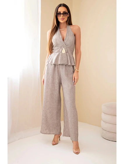 Dámský viskózový komplet: zavazovací top a kalhoty se širokou nohavicí fango Dámský viskózový komplet: zavazovací top a kalhoty se širokou nohavicí fango