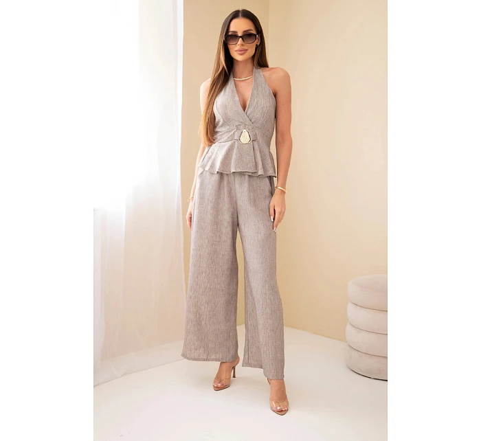 Dámský viskózový komplet: zavazovací top a kalhoty se širokou nohavicí fango Dámský viskózový komplet: zavazovací top a kalhoty se širokou nohavicí fango