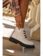 Zateplené dámské kotníkové boty na platformě na šněrování světlé béžové model 21710996 - Boto