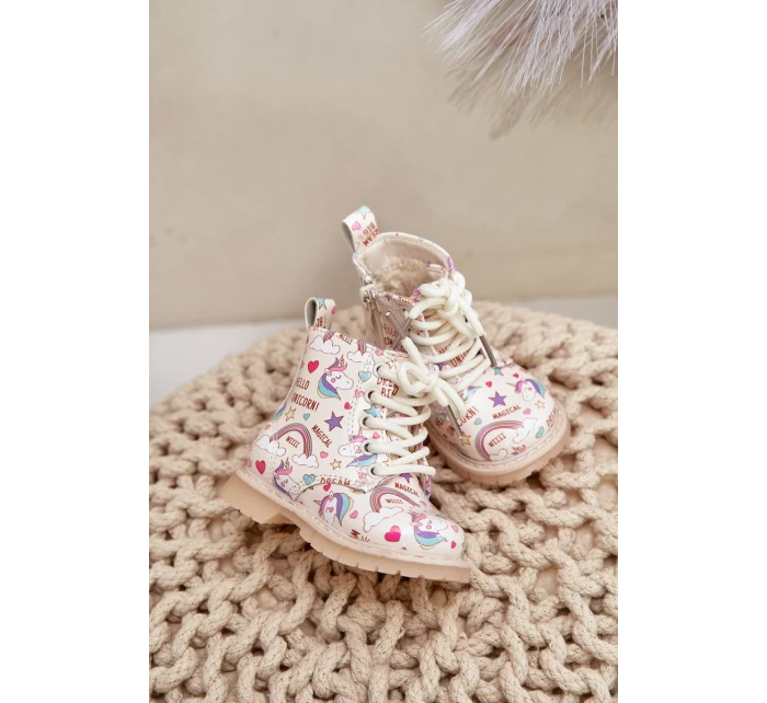 Dětské Zateplené Kotníkové Boty Se Zipem Jednorožci Béžové Tiptop