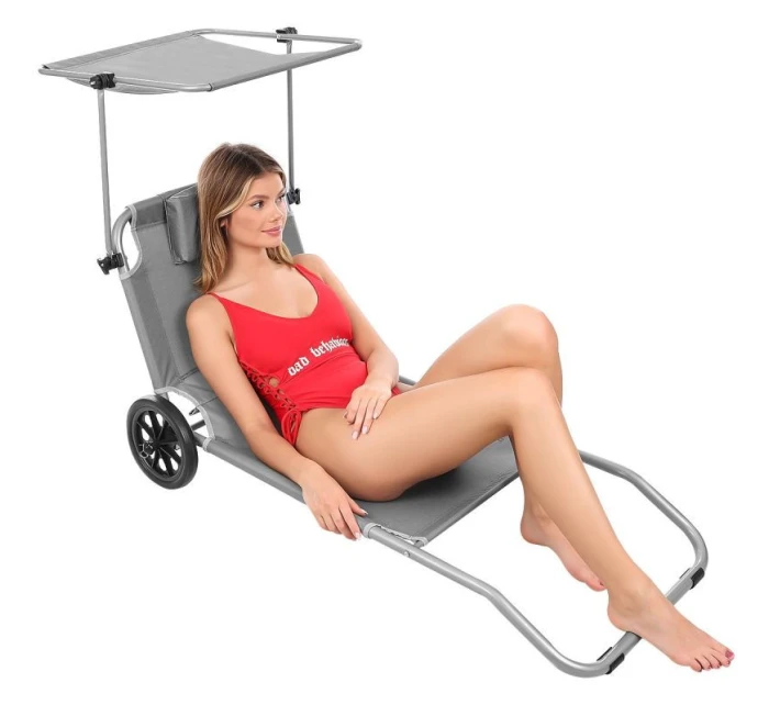 Skládací plážové lehátko se stříškou na kolečkách 116x62x62-90CM šedé Skládací plážové lehátko se stříškou na kolečkách 116x62x62-90CM šedé