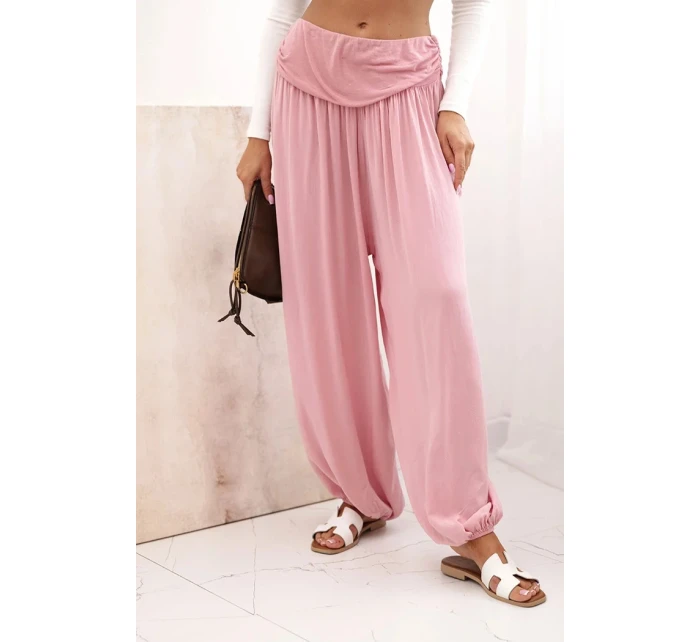 Dámské viskózové kalhoty s širokými nohavicemi a volánky tmavě růžová
