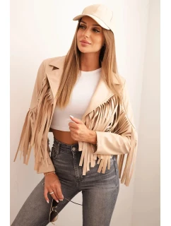 Dámská bunda z eko kůže s třásněmi v boho stylu světlá camelová