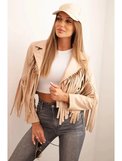 Dámská bunda z eko kůže s třásněmi v boho stylu světlá camelová Dámská bunda z eko kůže s třásněmi v boho stylu světlá camelová