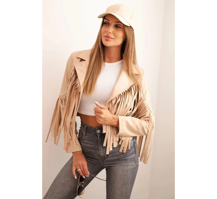 Dámská bunda z eko kůže s třásněmi v boho stylu světlá camelová Dámská bunda z eko kůže s třásněmi v boho stylu světlá camelová