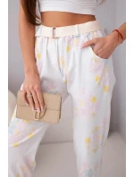 Dámské viskózové kalhoty s květinami a páskem bílé Dámské viskózové kalhoty s květinami a páskem bílé