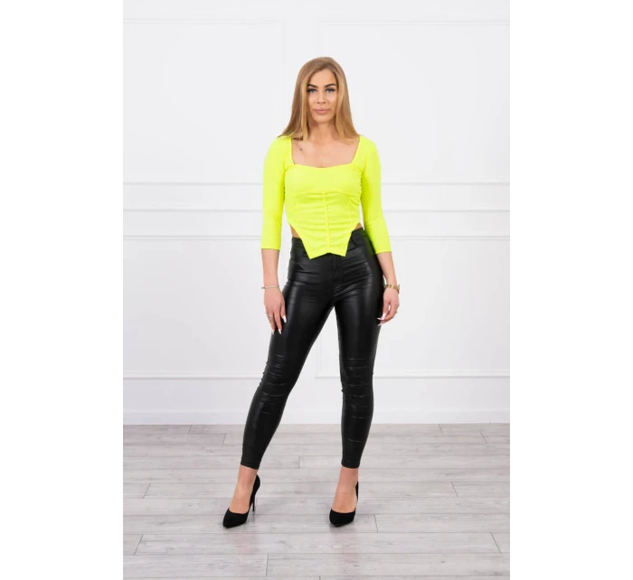 Žebrovaná halenka s výstřihem žlutá neonová