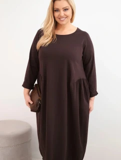 Dámská sukýnka Plus Size bavlněná s dlouhým rukávem a nařasením v pase hnědá