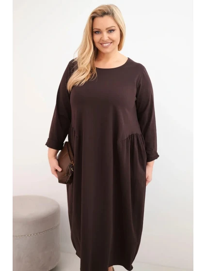 Dámská sukýnka Plus Size bavlněná s dlouhým rukávem a nařasením v pase hnědá