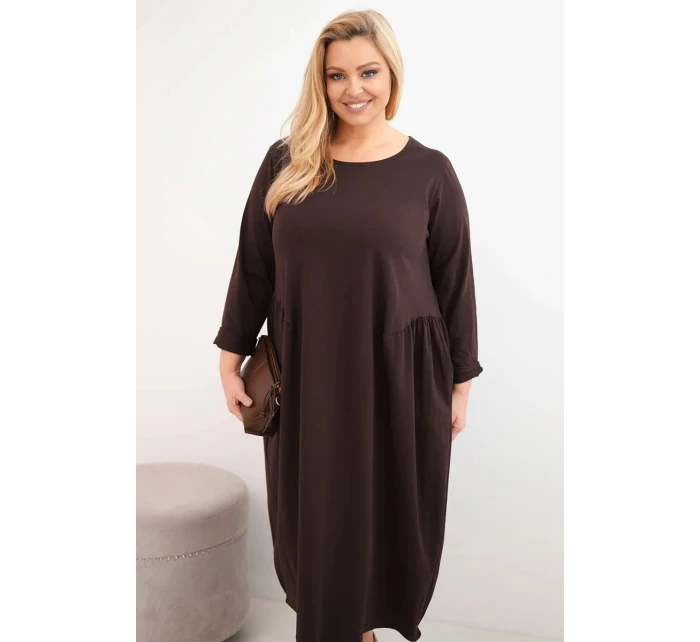 Dámská sukýnka Plus Size bavlněná s dlouhým rukávem a nařasením v pase hnědá