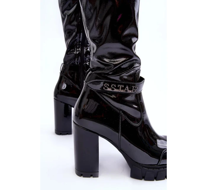 Patentované kozačky nad kolena na masivním vysokém podpatku, Black Kytia