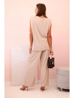 Dámský komplet z viskózy bez rukávů a rovnými kalhotami tmavě béžový