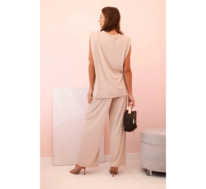 Dámský komplet z viskózy bez rukávů a rovnými kalhotami tmavě béžový