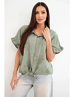 Dámská bavlněná košile model 22207089 s květinovou výšivkou khaki - K-Fashion Dámská bavlněná košile model 22207089 s květinovou výšivkou khaki - K-Fashion