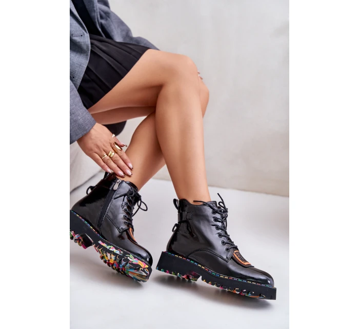 Lakované Botky Traperky Dámské Na Zip Kožené Artiker 55C0517 Černé