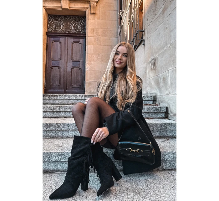 Darlina dámské boty na podpatku s třásněmi a mačkáním zateplené černé