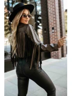 model 21371205 Krátká bunda s třásněmi z měkké ekokůže čokoládová - numoco basic