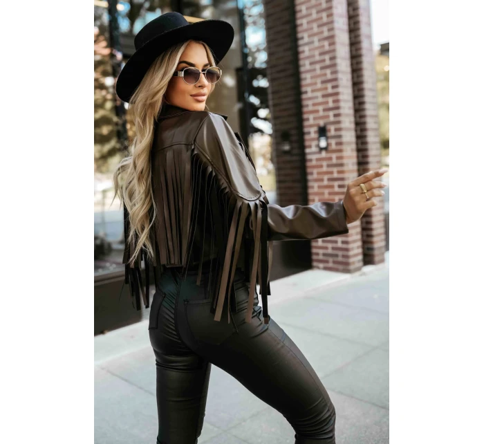 model 21371205 Krátká bunda s třásněmi z měkké ekokůže čokoládová - numoco basic