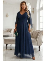 655-3 Dlouhé lehké třpytivé šaty s výstřihem a průhlednými rukávy - tmavě modré 655-3 Dlouhé lehké třpytivé šaty s výstřihem a průhlednými rukávy - tmavě modré