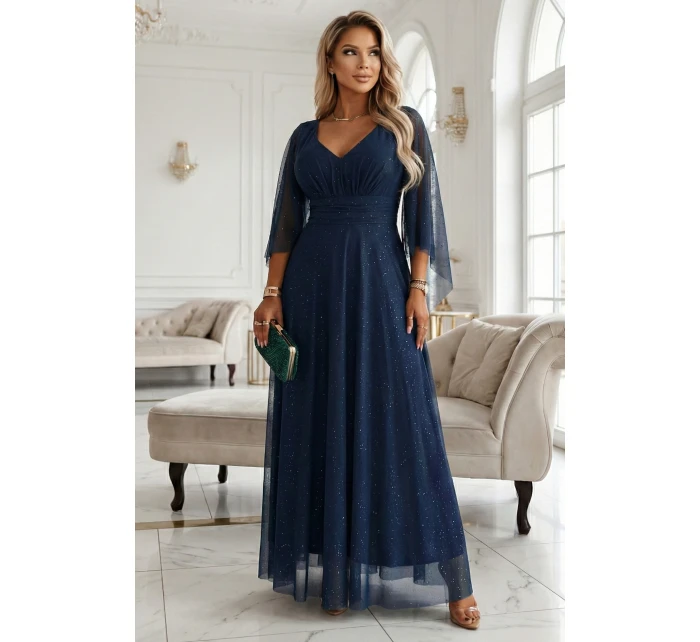655-3 Dlouhé lehké třpytivé šaty s výstřihem a průhlednými rukávy - tmavě modré 655-3 Dlouhé lehké třpytivé šaty s výstřihem a průhlednými rukávy - tmavě modré