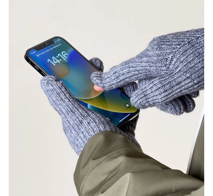Pletené rukavice na telefon s výřezem na prsty - šedé
