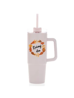 KRÁSNÝ DEN (PODZIM) - růžový cestovní termohrnek s průhledným víčkem 900 ml  