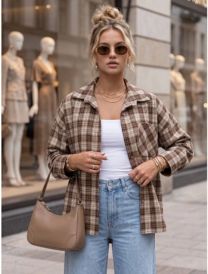 Dámská kostkovaná košile s bavlnou, hnědá, FashionStreet DY0494 Dámská kostkovaná košile s bavlnou, hnědá, FashionStreet DY0494