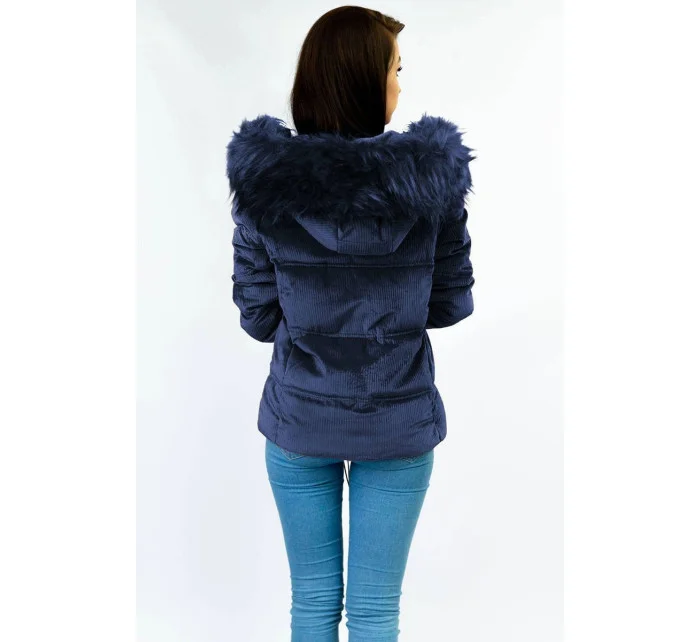 Tmavě modrá manšestrová dámská bunda s kapucí (7696)