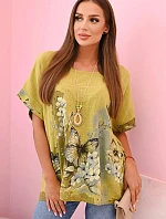 Dámská bavlněná košile s motýly a květinami kiwi