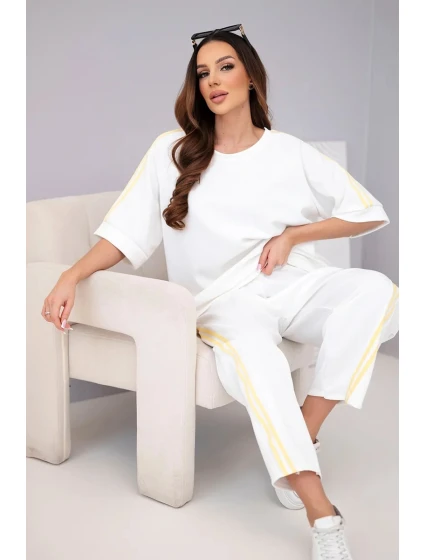 Dámský komplet máslový z viskózy mikina a kalhoty s lampasy bílý