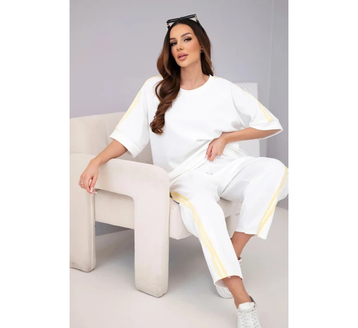 Dámský komplet máslový z viskózy mikina a kalhoty s lampasy bílý