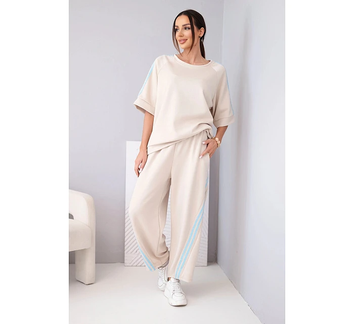 Dámský komplet máslový z viskózy mikina a kalhoty s lampasy béžový
